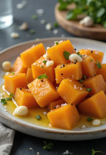 Вареный батат с оливковым маслом, украшенный свежей петрушкой