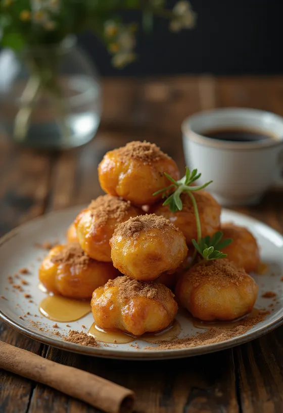 Лукумадес из цельнозерновой муки, поданный с медом и корицей