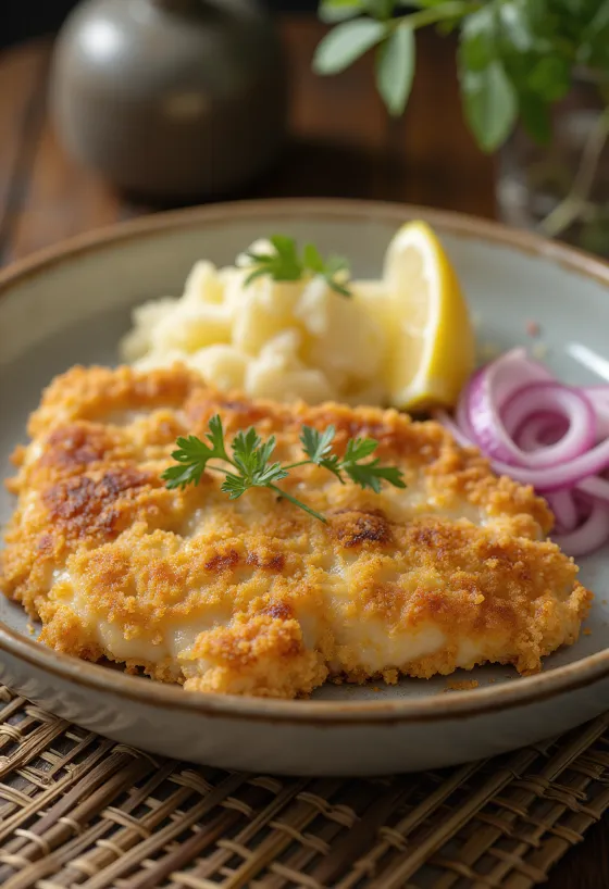Свиной шницель с картофельным салатом на тарелке.
