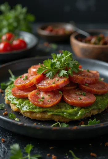 Тостонес с чоризо, хрустящие ломтики банана и кусочки острой колбасы