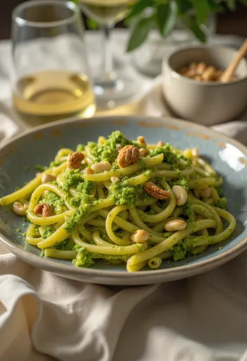 Веганская паста с соусом песто, свежеподанная с базиликом и жареными кедровыми орехами.
