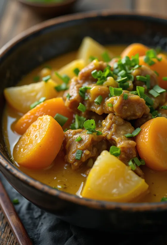 Никудзяга с карри, поданная с богатым пряным соусом карри и свежей кинзой