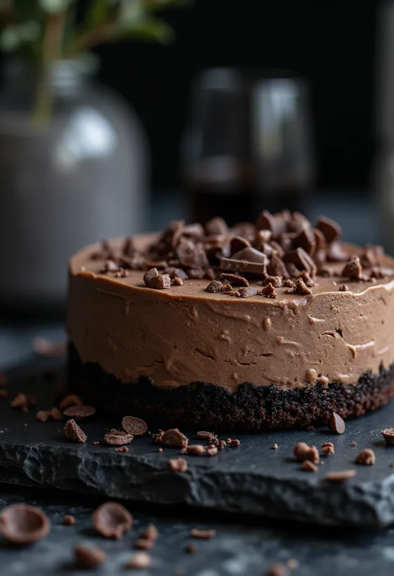 Веганский торт с шоколадным муссом, украшенный какао-порошком и фруктами