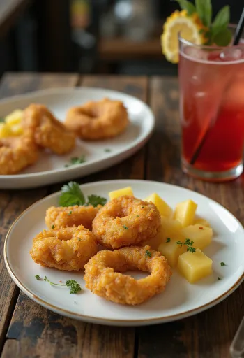 Разрезанный шарик акараже, наполненный ананасом и соусом