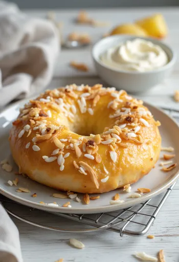Свежеиспеченный бейгл с ананасом и кокосом