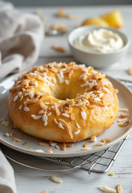 Свежеиспеченный бейгл с ананасом и кокосом