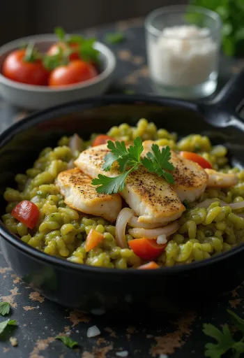 Каллалу с соленой рыбой, украшенный свежим кориандром