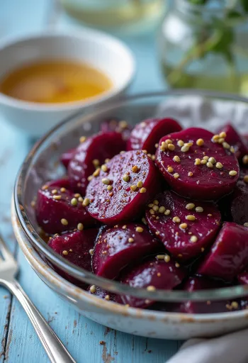 салат из свеклы, поданный со свежими овощами и заправкой из бальзамического уксуса