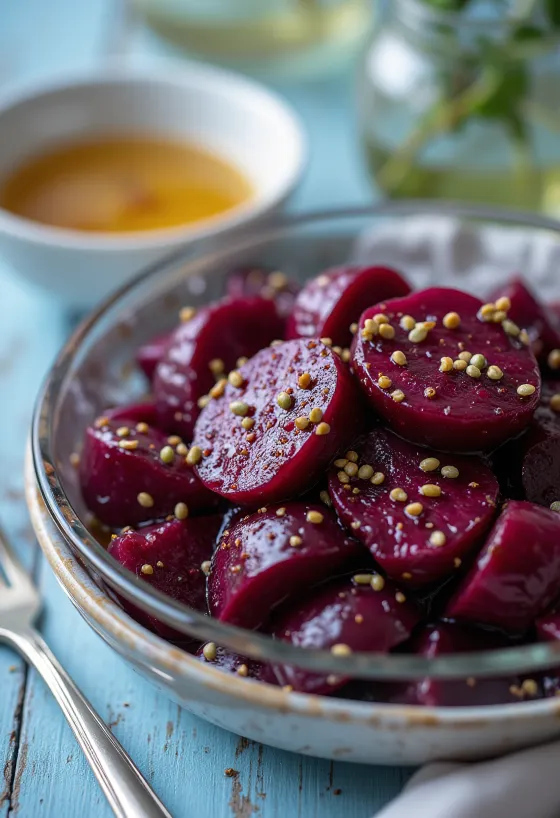 салат из свеклы, поданный со свежими овощами и заправкой из бальзамического уксуса