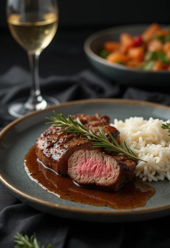 Говядина на гриле с паровым рисом при подаче