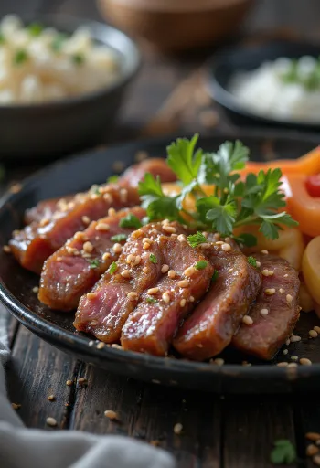 Кальби с кунжутом, жареные ломтики говядины, поданные с зеленым луком и кунжутом