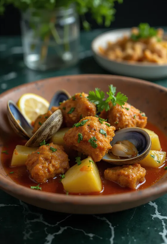 Свинина по-алентежански Carne de porco à Alentejana, поданная к столу