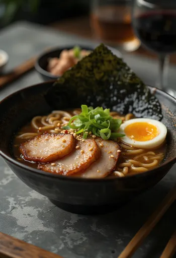 Токусима рамен с густым бульоном на соевом соусе, яйцом и обжаренным мясом