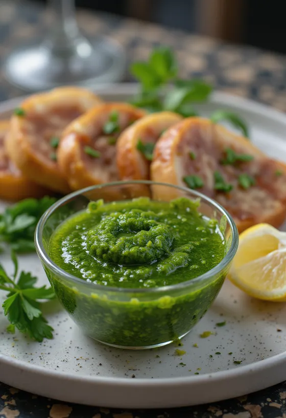 Соус чимичурри, поданный с жареным мясом