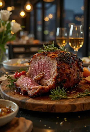 Запеченный кабан с медовой глазурью, поданный с запеченными овощами.