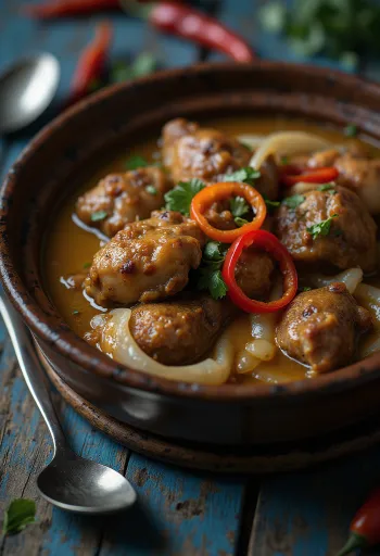 Адобо с кокосовым молоком, богатое, пряное блюдо, поданное с рисом и кинзой