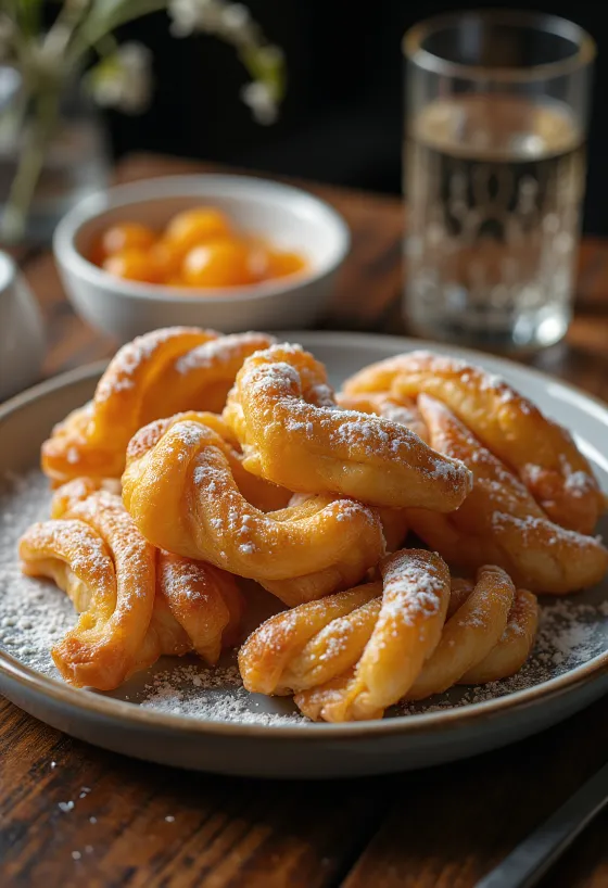 Хворост, посыпанный сахарной пудрой, поданный с джемом