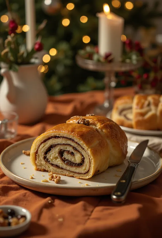 Свежеиспеченные ломтики орехового рулета