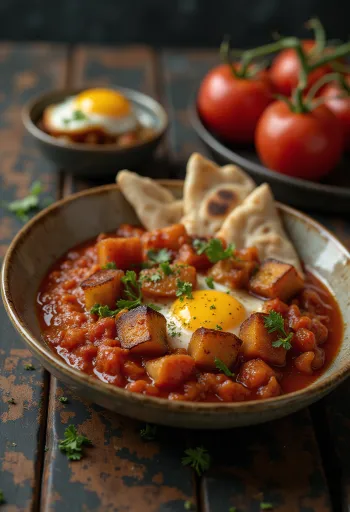 Матбуха с жареными баклажанами, поданная с томатным соусом и свежей кинзой