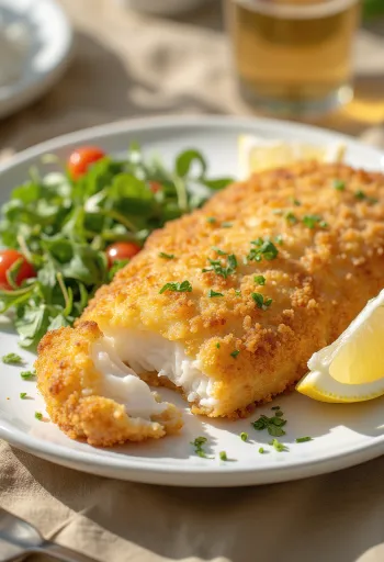 Хрустящее жареное рыбное филе, обжаренное до золотистого цвета, подается со свежими кружочками лимона и овощами.