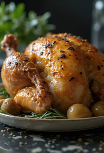 Запеченный каплун с трюфельным маслом, поданный с запеченными овощами.