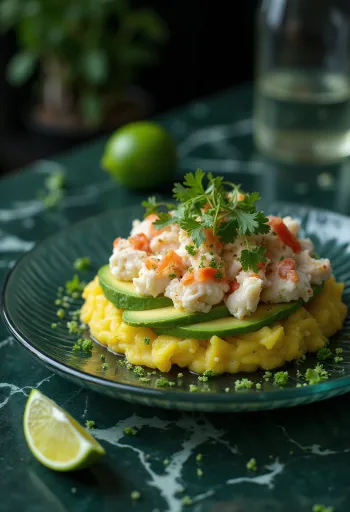 Кауса с крабом, поданная со сливочным картофелем и украшенная свежей кинзой