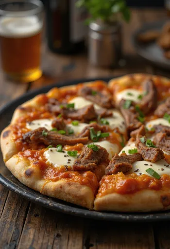 Корейская пицца Пулькоги с говядиной и соусом кочхуджан