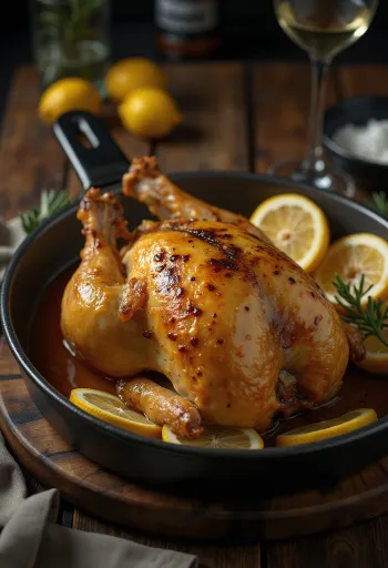 Запеченная цесарка с лимонной глазурью, поданная с овощами.