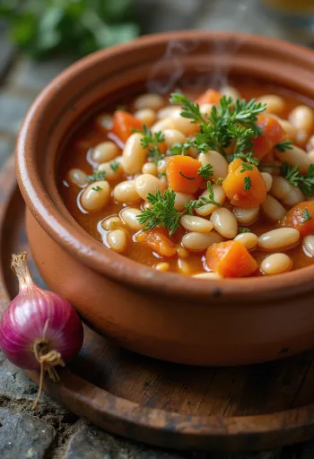 Чорба де фасоле, румынский фасолевый овощной суп, поданный с петрушкой