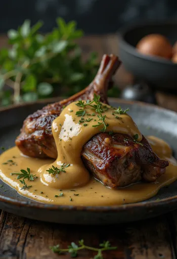 Запеченный заяц с горчичным соусом, поданный элегантно.