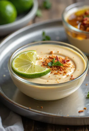 Соус тахини с медом и лаймом в миске, поданный со свежими овощами