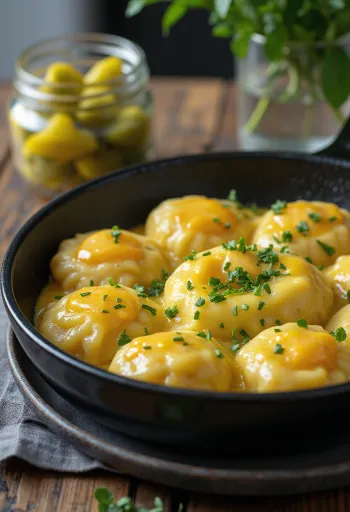 Нокедли с яйцом, посыпанные свежей петрушкой, поданные с домашними соленьями.