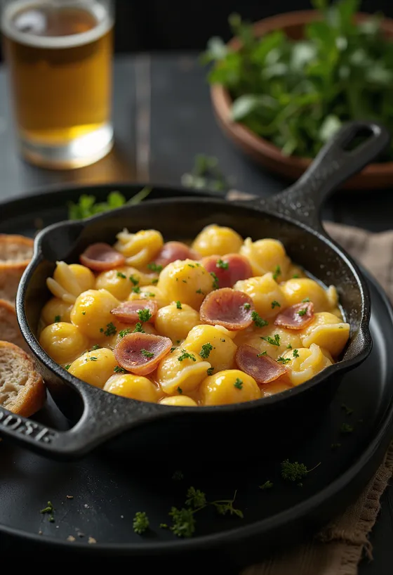 Копченая ветчина с яичными клецками, сервировка