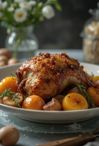 Запеченный дикобраз с травами, поданный с запеченными овощами.