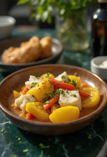 Аки и соленая треска, поданные с овощами и специями