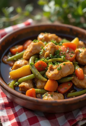 Адобо с овощным рагу, украшенный свежим кориандром