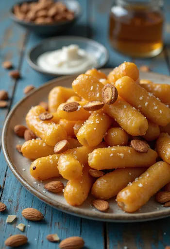 Чак-чак с миндалем, медовым сиропом и золотисто-коричневым тестом, украшенный миндалем