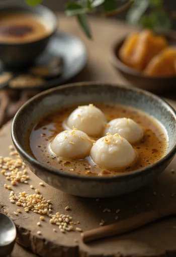 Кофейный Танъюань, шарики из рисовой муки с кофе и сливками, свежим лимоном и кунжутом.