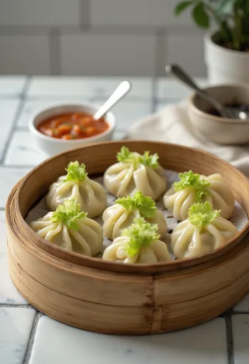Момо с капустной начинкой, приготовленные на пару, при подаче