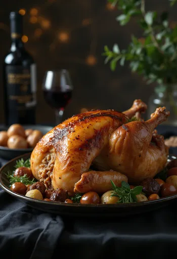 Запеченная индейка с каштановой начинкой, поданная на блюде с овощами.