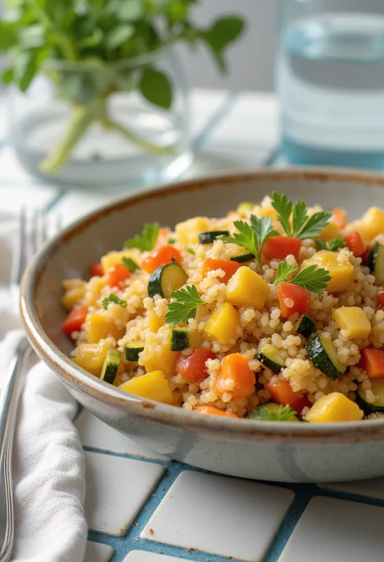 Булгур с овощами, поданный с кусочками свежего перца, помидора и цуккини