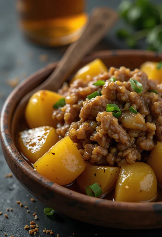 Адобо с картофелем, пряное мясо и хрустящий картофель, подача