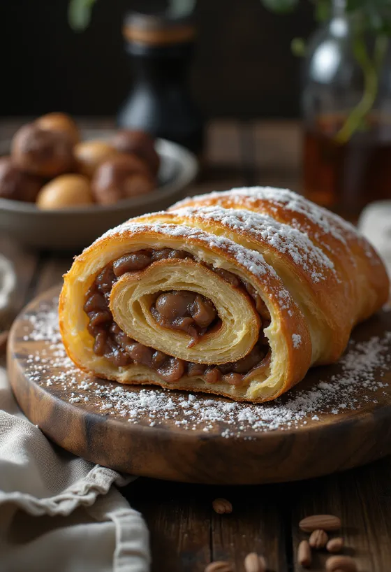 Рулет с каштанами, нарезанный ломтиками, украшенный