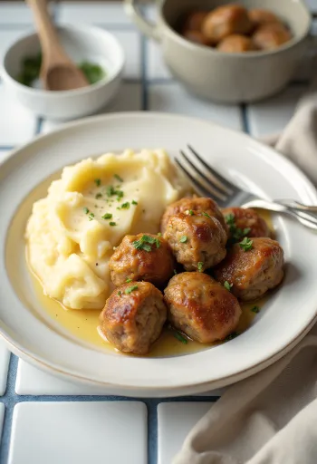 Шведские фрикадельки с картофельным пюре, поданные с богатым вкусом