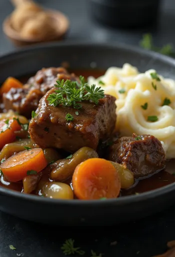 Рагу из бараньей лопатки, поданное в деревенской миске