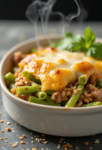 Запеканка из стручковой фасоли со свежей сметаной и запеченным сыром сверху.