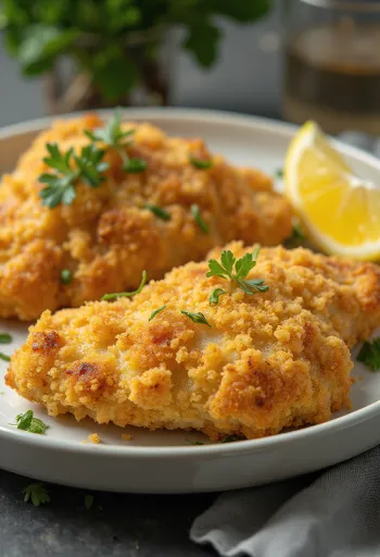 Куриная грудка в золотистой панировке, поданная с салатом