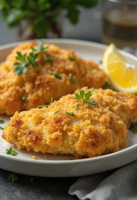 Куриная грудка в золотистой панировке, поданная с салатом