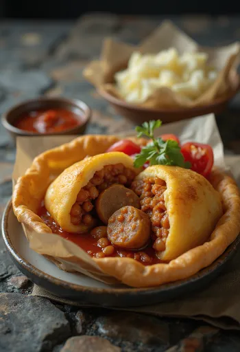 Акараже с колбасой, украшенный пряной фасолью и свежей петрушкой