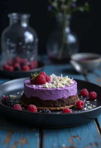 Шоколадный торт с ягодным муссом, поданный ломтиками